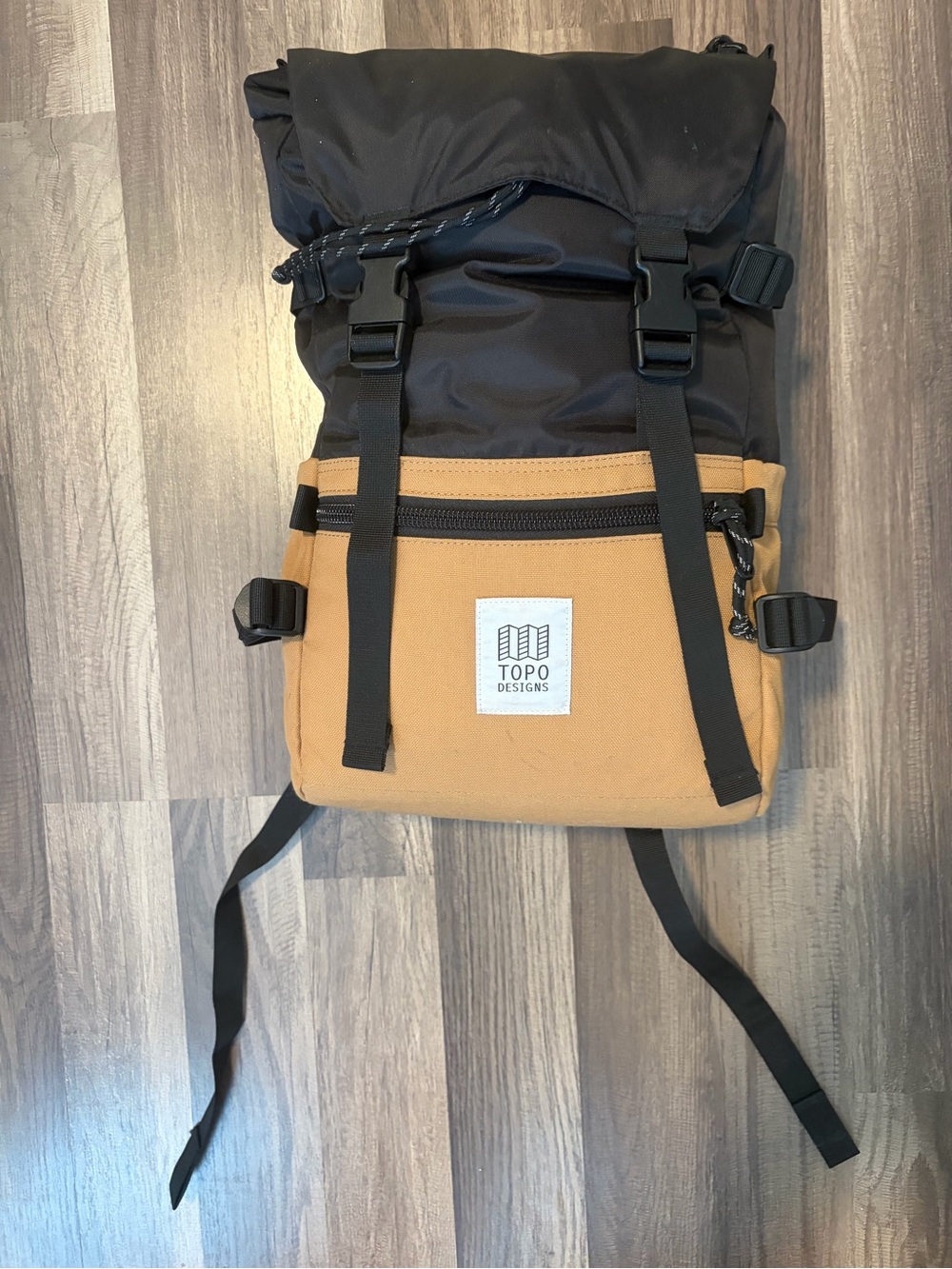 Topo Designs Black and Tan Two-Tone Roll-Top Backpack